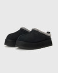 UGG Tazz II Black ciabatte platform donna in pelle scamosciata e montone nero, vista frontale