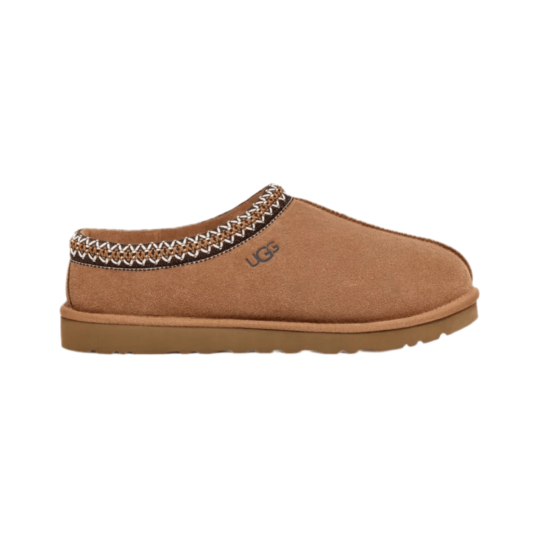 UGG Tasman Chestnut ciabatte chiuse uomo e donna in pelle scamosciata e montone marrone chestnut, vista laterale