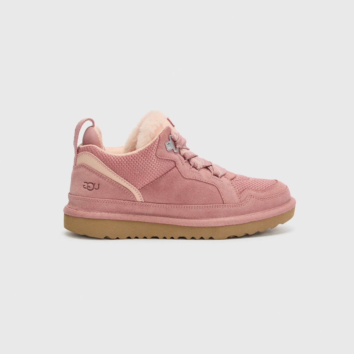 UGG Lowmel Pink Dawn sneakers bambino in pelle scamosciata rosa, vista laterale
