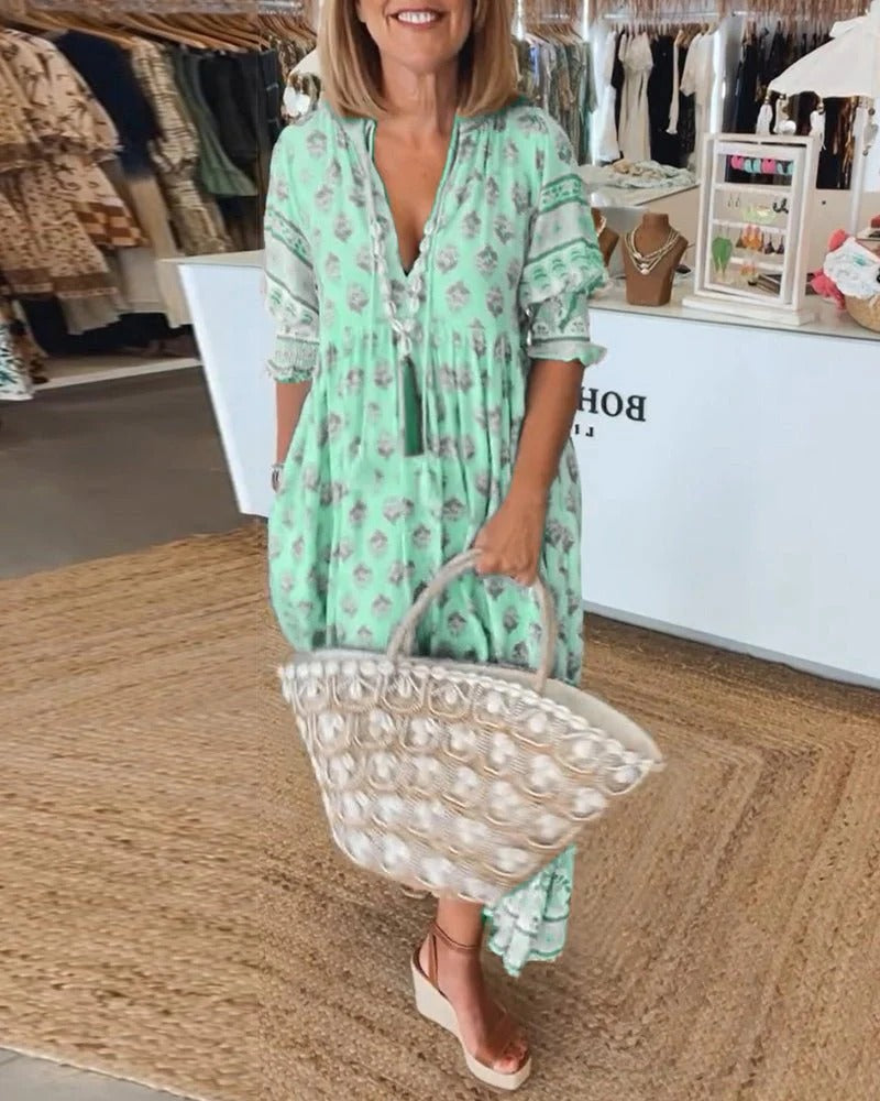 Elizabeth | Vestito midi da donna boho con stampa e nappine legate