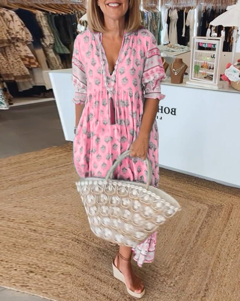 Elizabeth | Vestito midi da donna boho con stampa e nappine legate