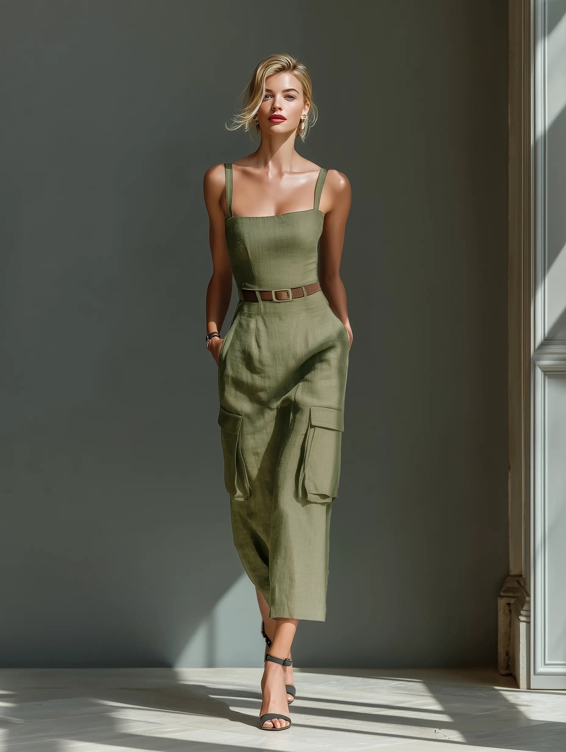 Ella | Vestito midi cargo in lino con cintura da donna