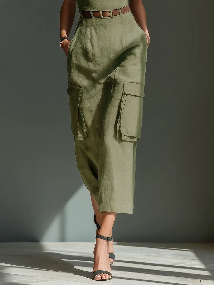 Ella | Vestito midi cargo in lino con cintura da donna
