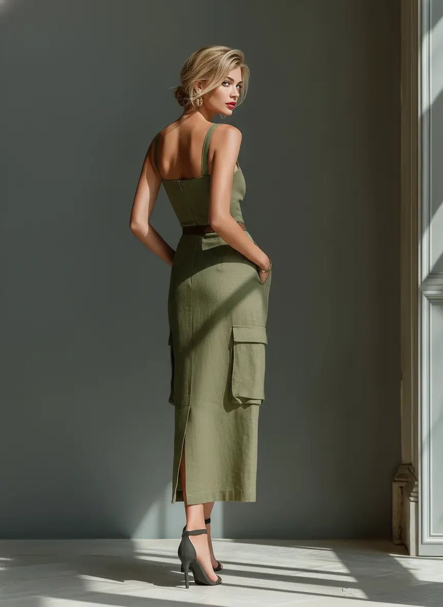 Ella | Vestito midi cargo in lino con cintura da donna