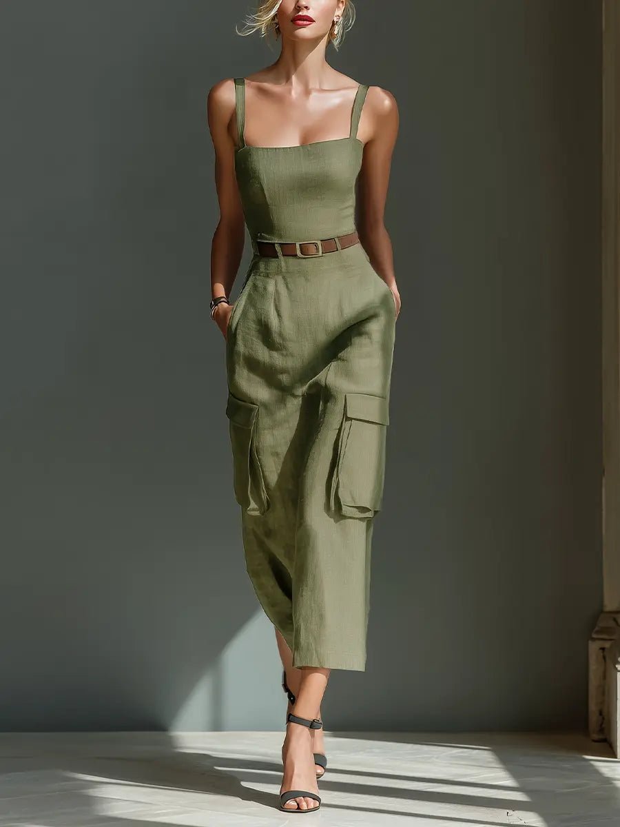 Ella | Vestito midi cargo in lino con cintura da donna