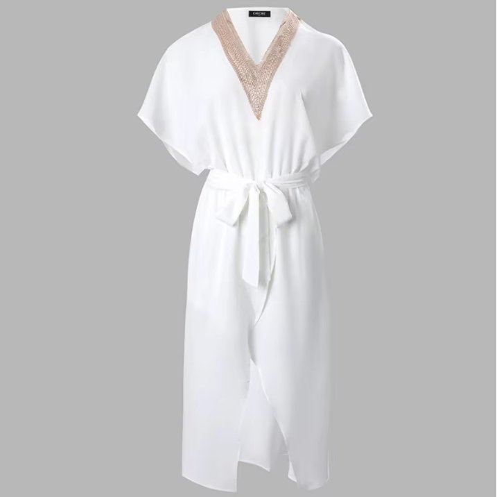 Ella | Abito midi da donna con scollo a V profondo e rifiniture dorate