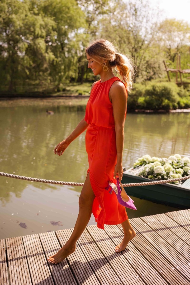 Emily | Vestito midi da donna senza maniche con scollo rotondo e spacco laterale