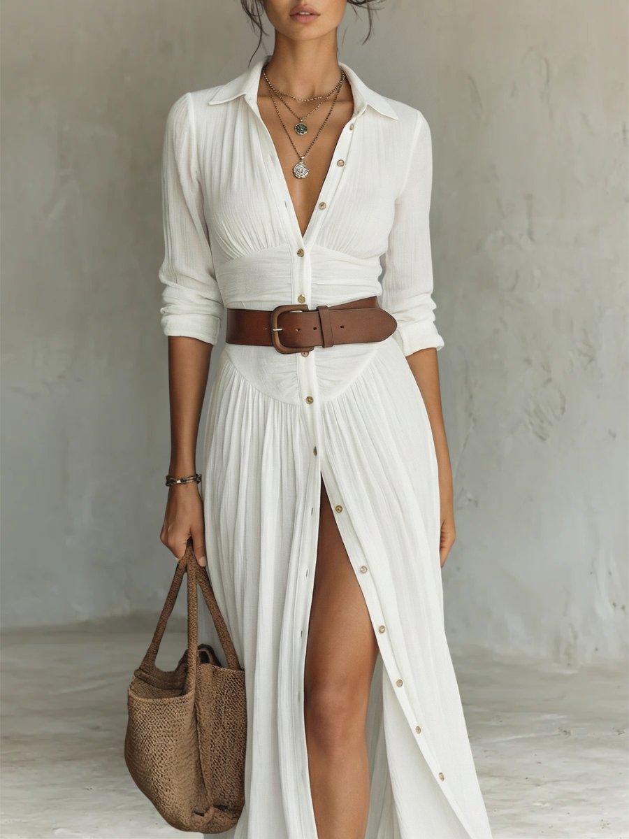 Evelyn | Abito camicia lungo da donna con cintura e maniche lunghe