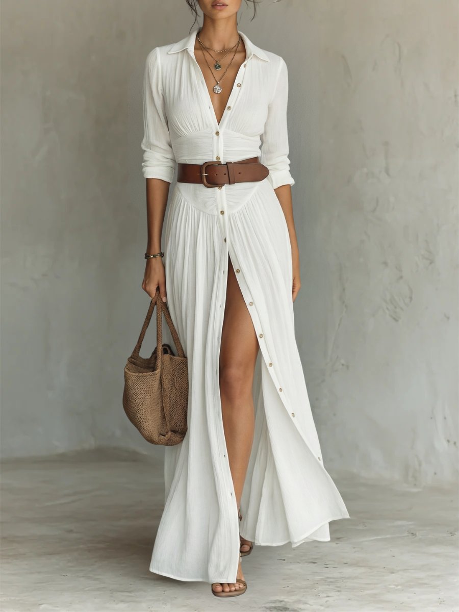 Evelyn | Abito camicia lungo da donna con cintura e maniche lunghe