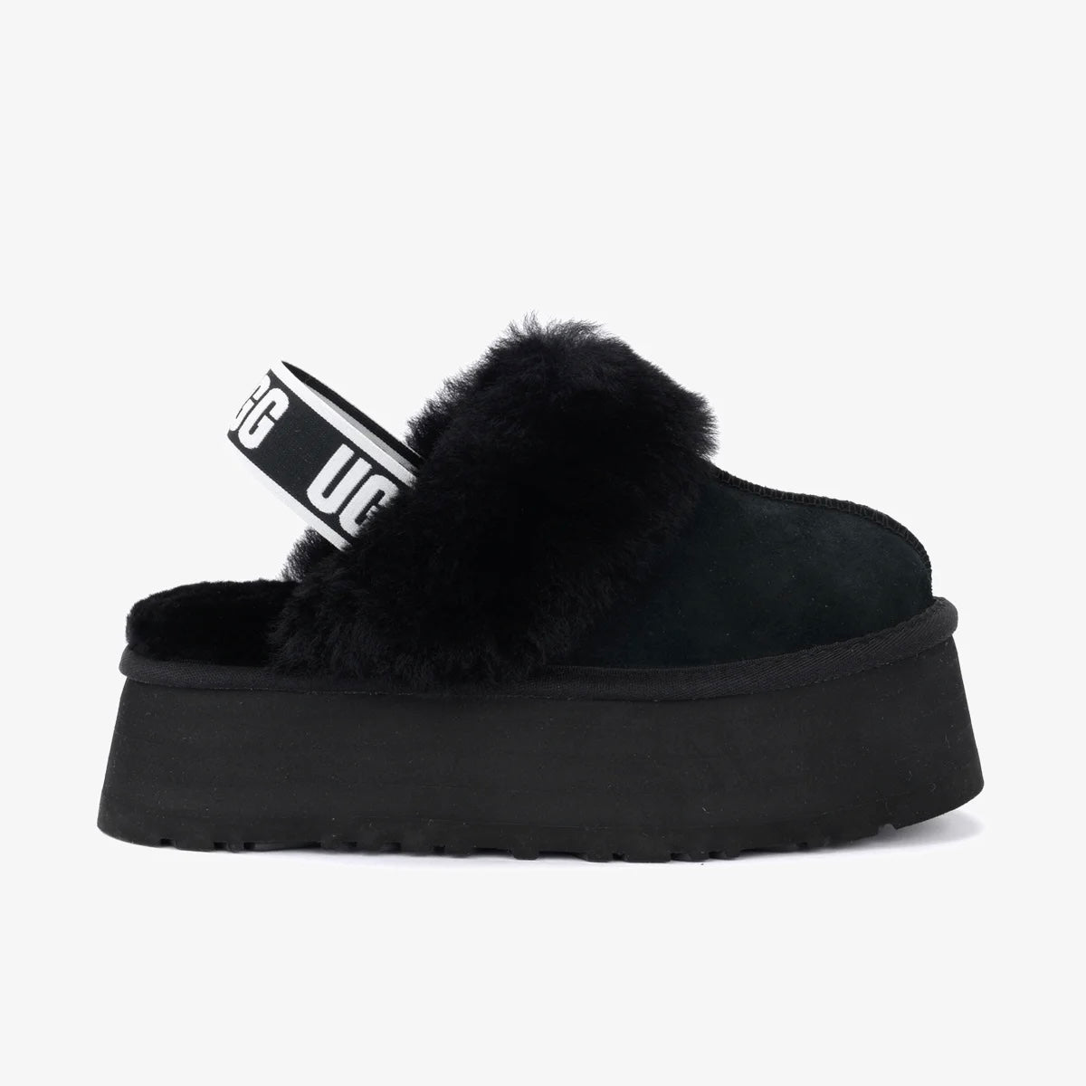 UGG Funkette Black sabot platform donna in pelle scamosciata e montone nero, vista laterale
