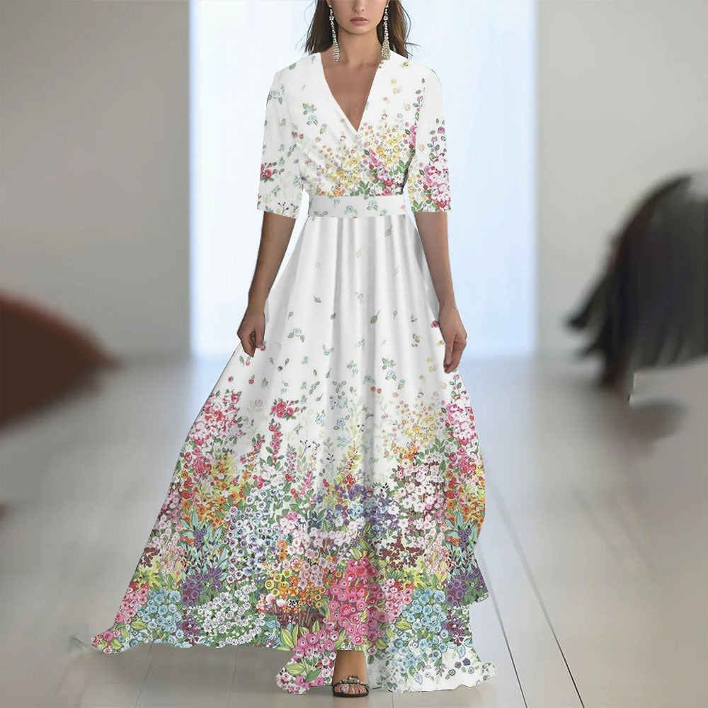 Abito lungo donna in tessuto leggero, scollo a V — vista 7