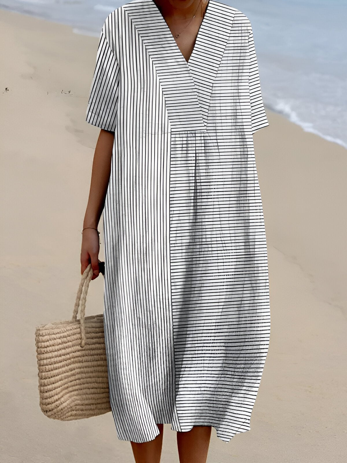 Florence | Abito midi a righe boho da donna con scollo a V