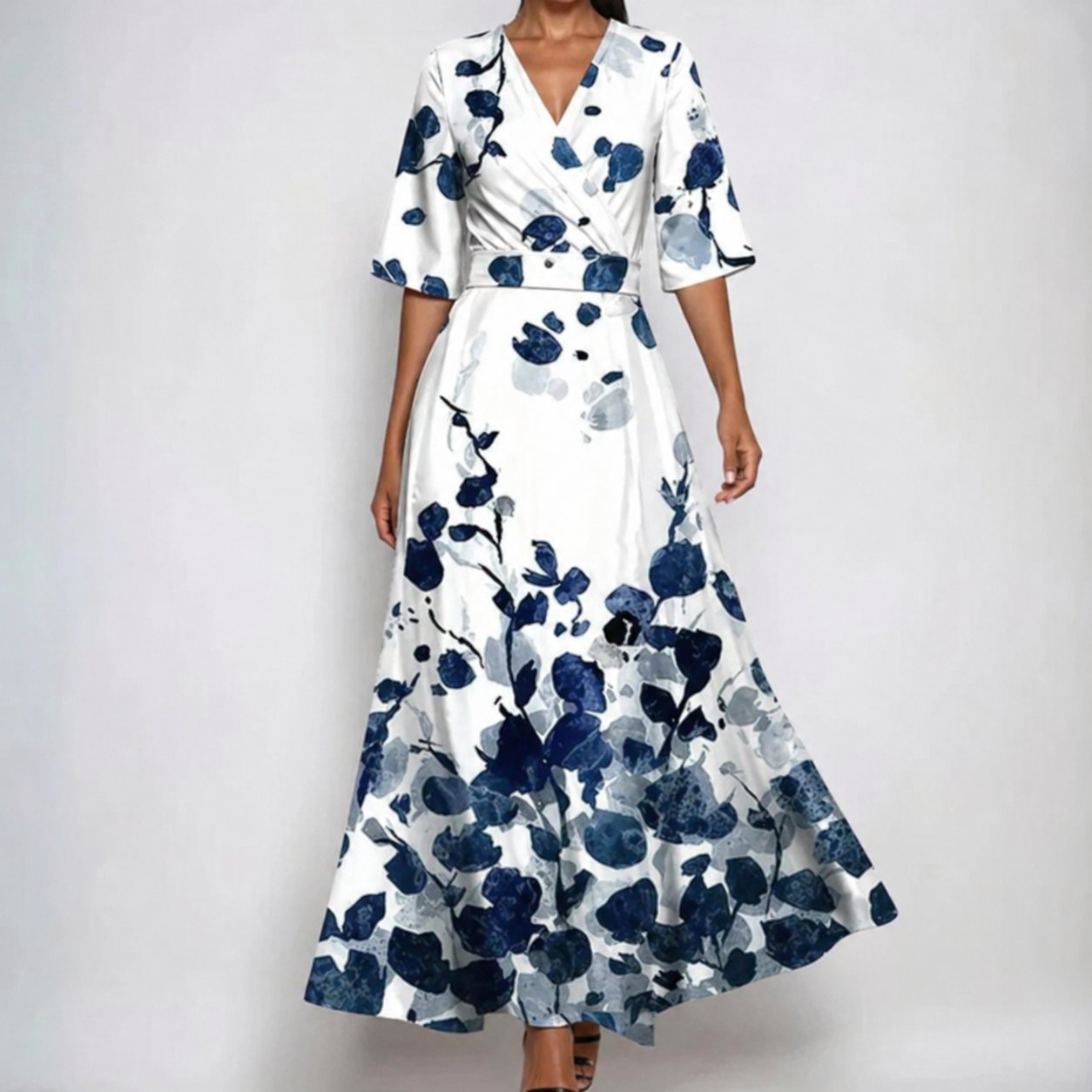 Florence | Abito lungo da donna in satin con scollo a V, cintura e stampa floreale
