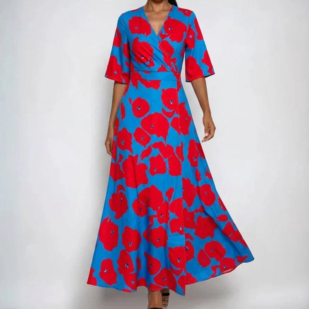 Florence | Abito lungo da donna in satin con scollo a V, cintura e stampa floreale