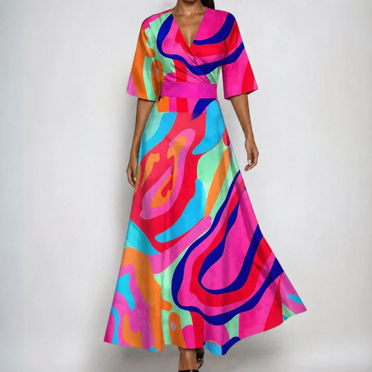 Florence | Abito lungo da donna in satin con scollo a V, cintura e stampa floreale