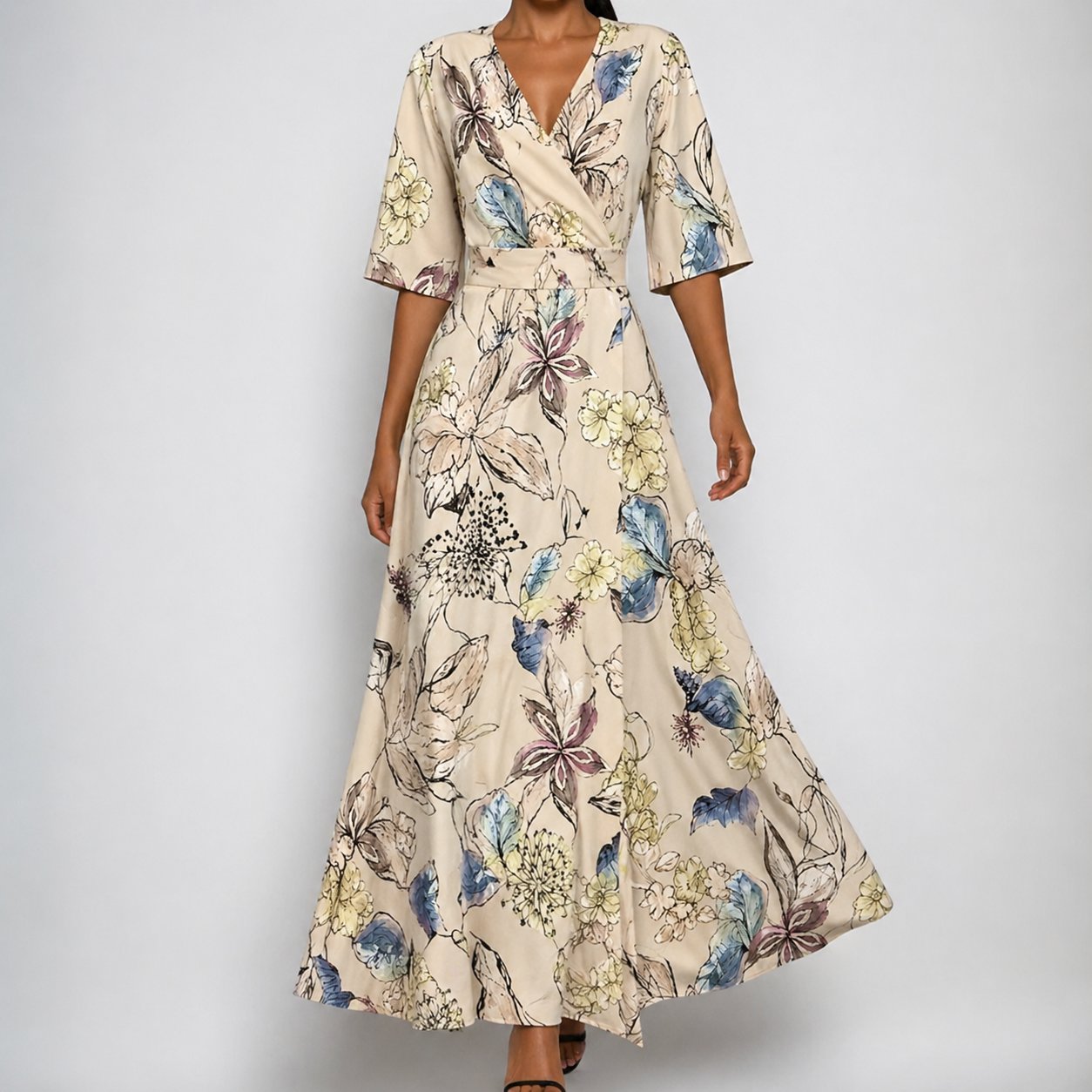 Florence | Abito lungo da donna in satin con scollo a V, cintura e stampa floreale