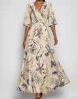Florence | Abito lungo da donna in satin con scollo a V, cintura e stampa floreale