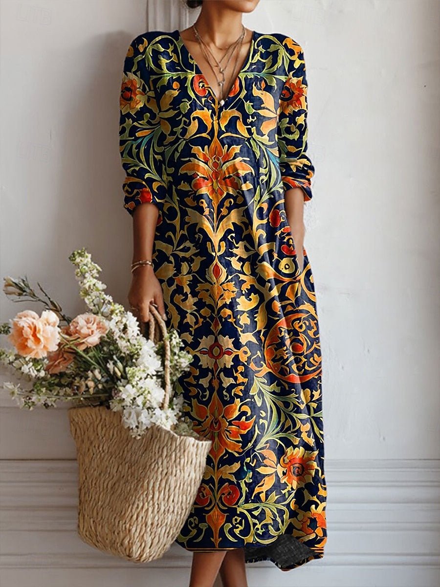 Freya | Vestito midi da donna con scollo a V in cotone stampa barocca boho