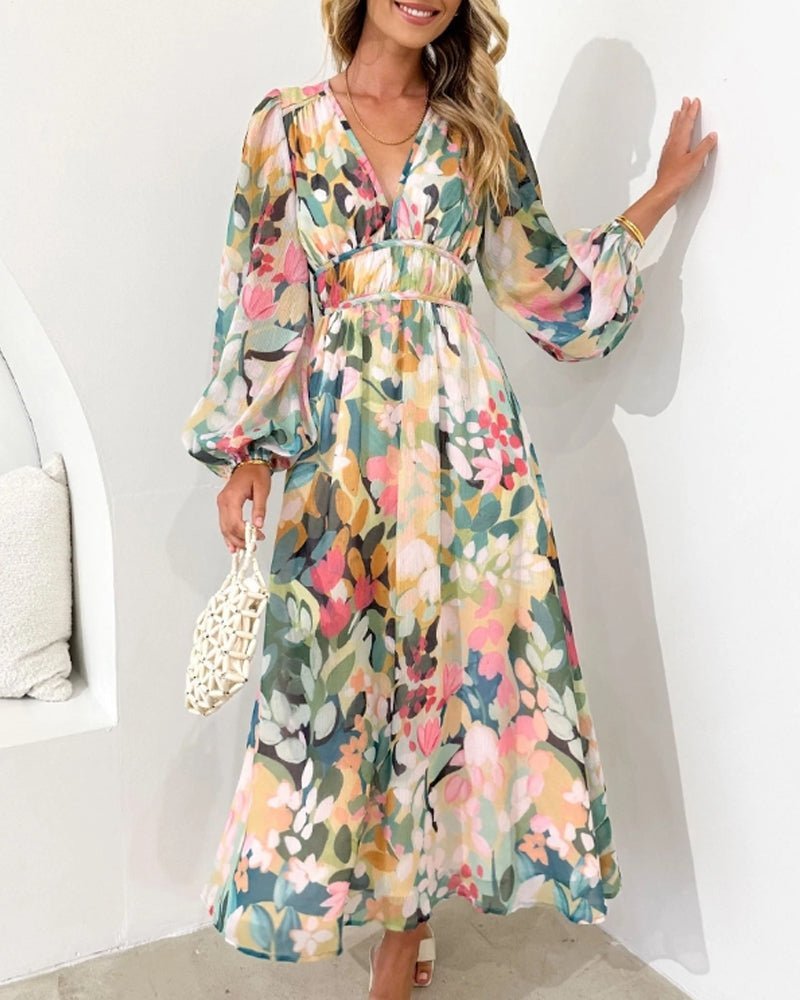 Grace | Abito midi da donna in chiffon floreale con maniche a sbuffo e scollo a V