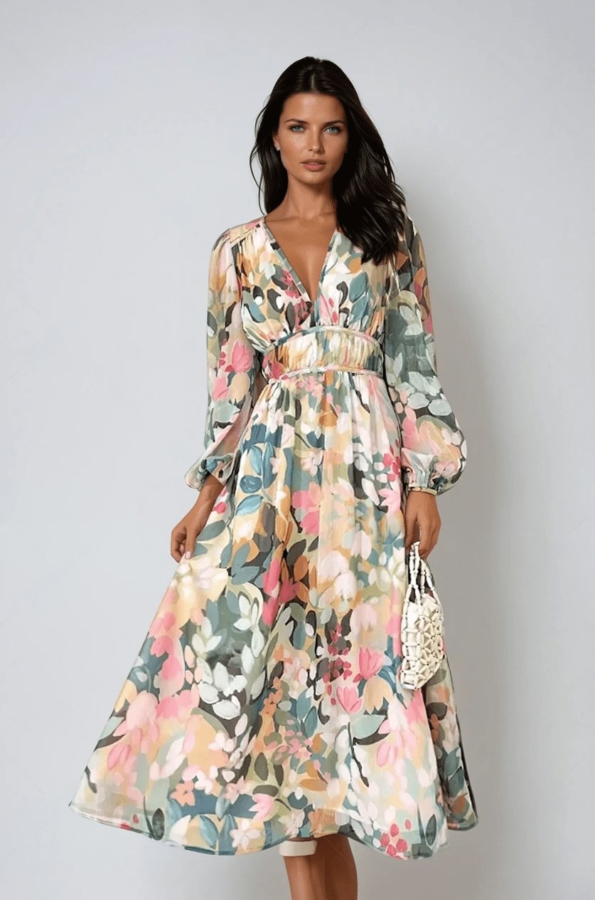 Grace | Abito midi da donna in chiffon floreale con maniche a sbuffo e scollo a V