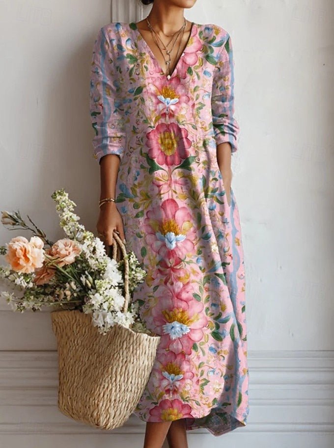 Grace | Vestito midi floreale da donna con maniche lunghe e scollo a V