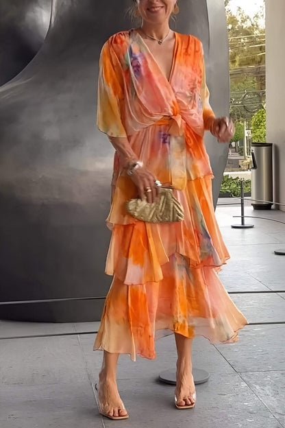 Grace | Abito lungo a balze in chiffon floreale da donna