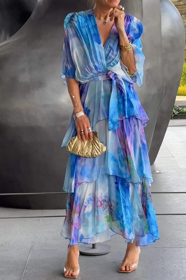 Grace | Abito lungo a balze in chiffon floreale da donna