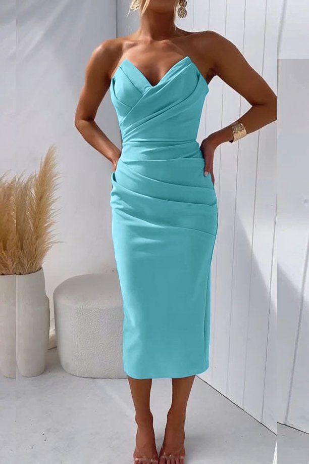 Grace | Abito midi aderente drappeggiato senza spalline da donna