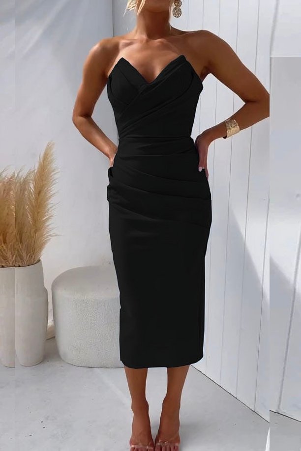 Grace | Abito midi aderente drappeggiato senza spalline da donna