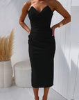 Grace | Abito midi aderente drappeggiato senza spalline da donna