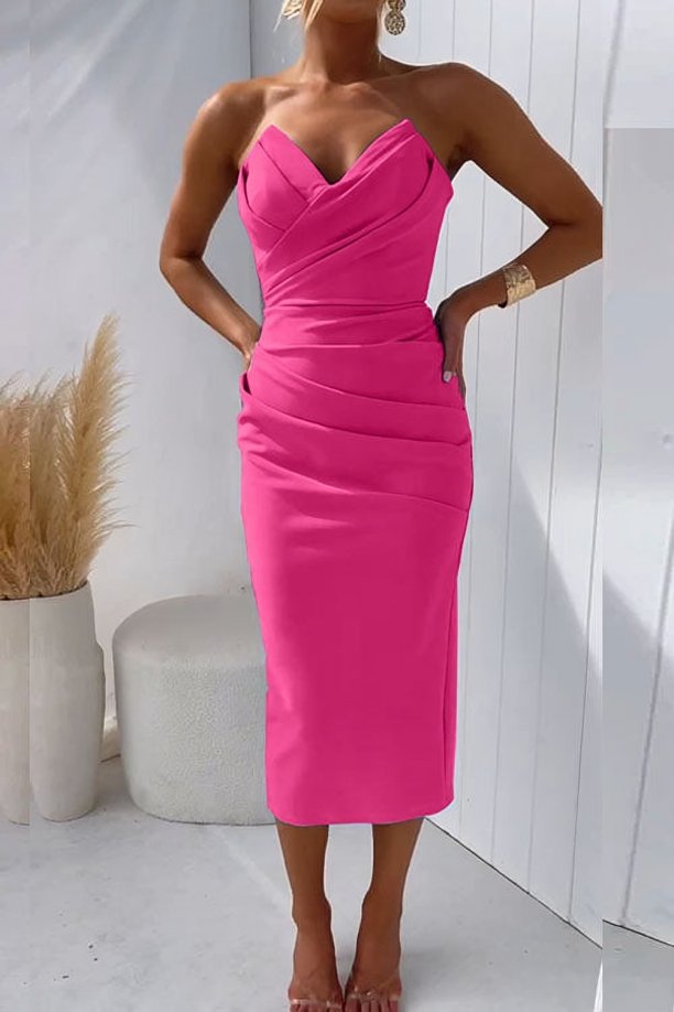 Grace | Abito midi aderente drappeggiato senza spalline da donna