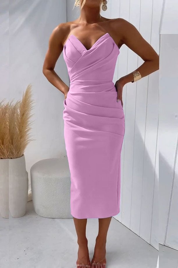 Grace | Abito midi aderente drappeggiato senza spalline da donna