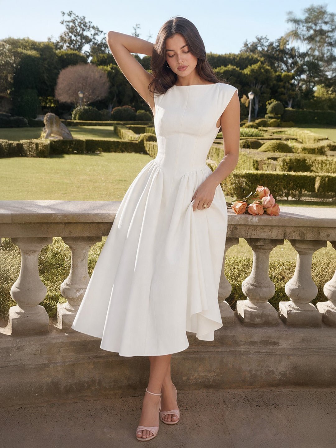 Grace | Abito midi vintage da donna con scollo a barca e gonna ampia