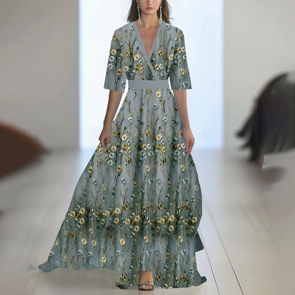 Abito lungo donna in tessuto leggero, scollo a V — vista 4