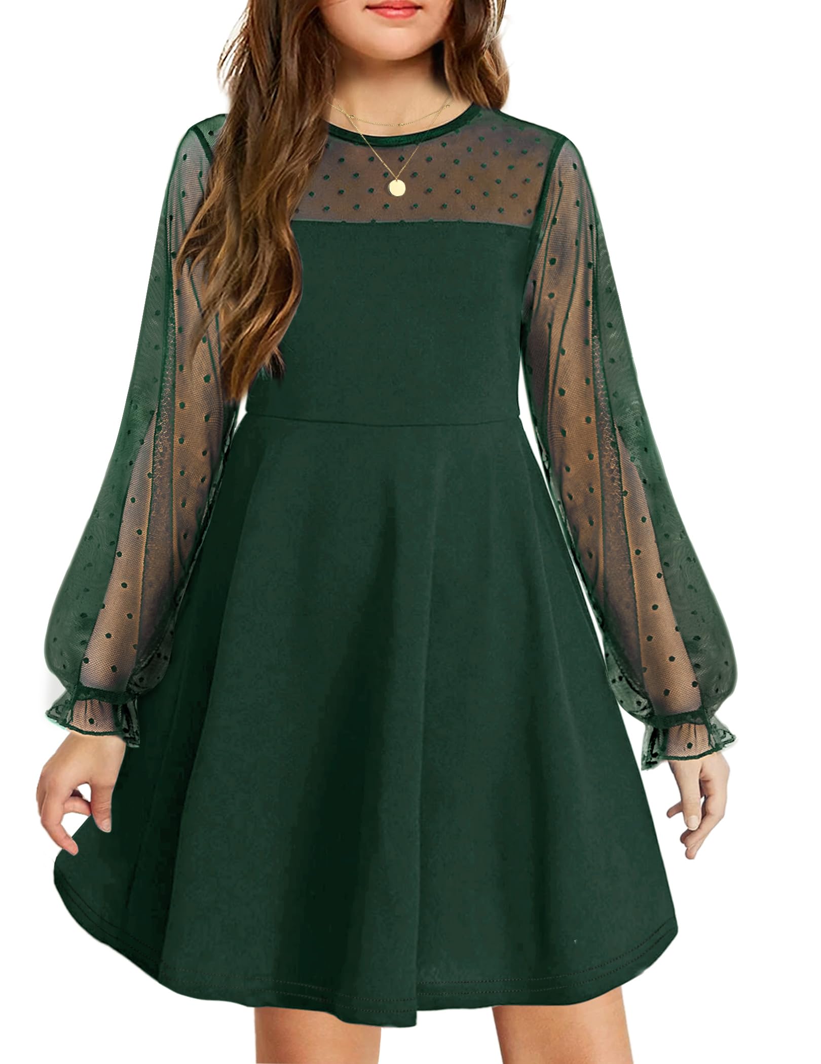 Vestito Aishi per Ragazza – Maniche Lunghe in Mesh, Taglio A-Line e Vita Alta con Tasche
