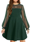 Vestito Aishi per Ragazza – Maniche Lunghe in Mesh, Taglio A-Line e Vita Alta con Tasche