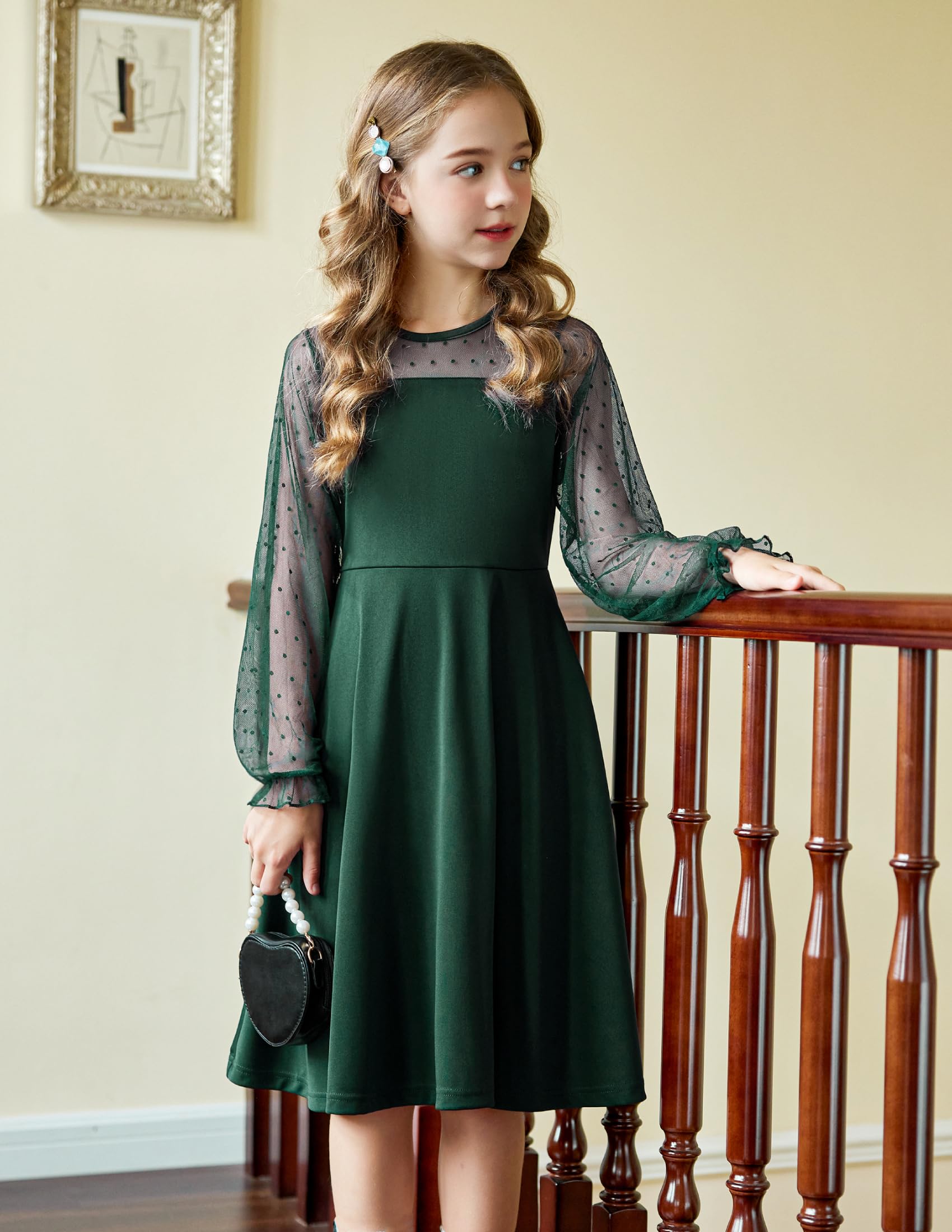 Vestito Aishi per Ragazza – Maniche Lunghe in Mesh, Taglio A-Line e Vita Alta con Tasche