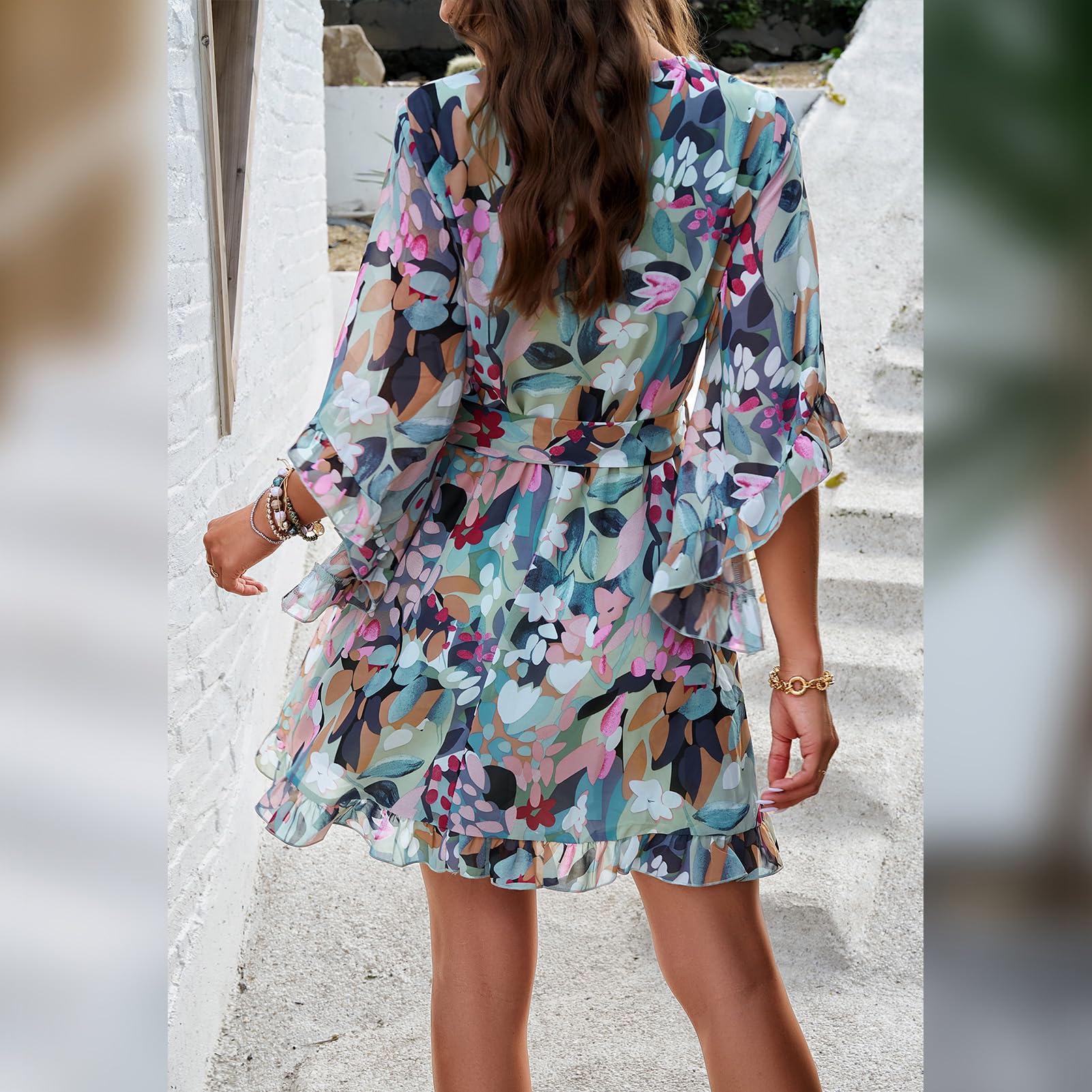 Vestaglia Odessa Donna – Incrocio a V Floreale, Maniche a Campana &amp; Mini in Mussola Elegante