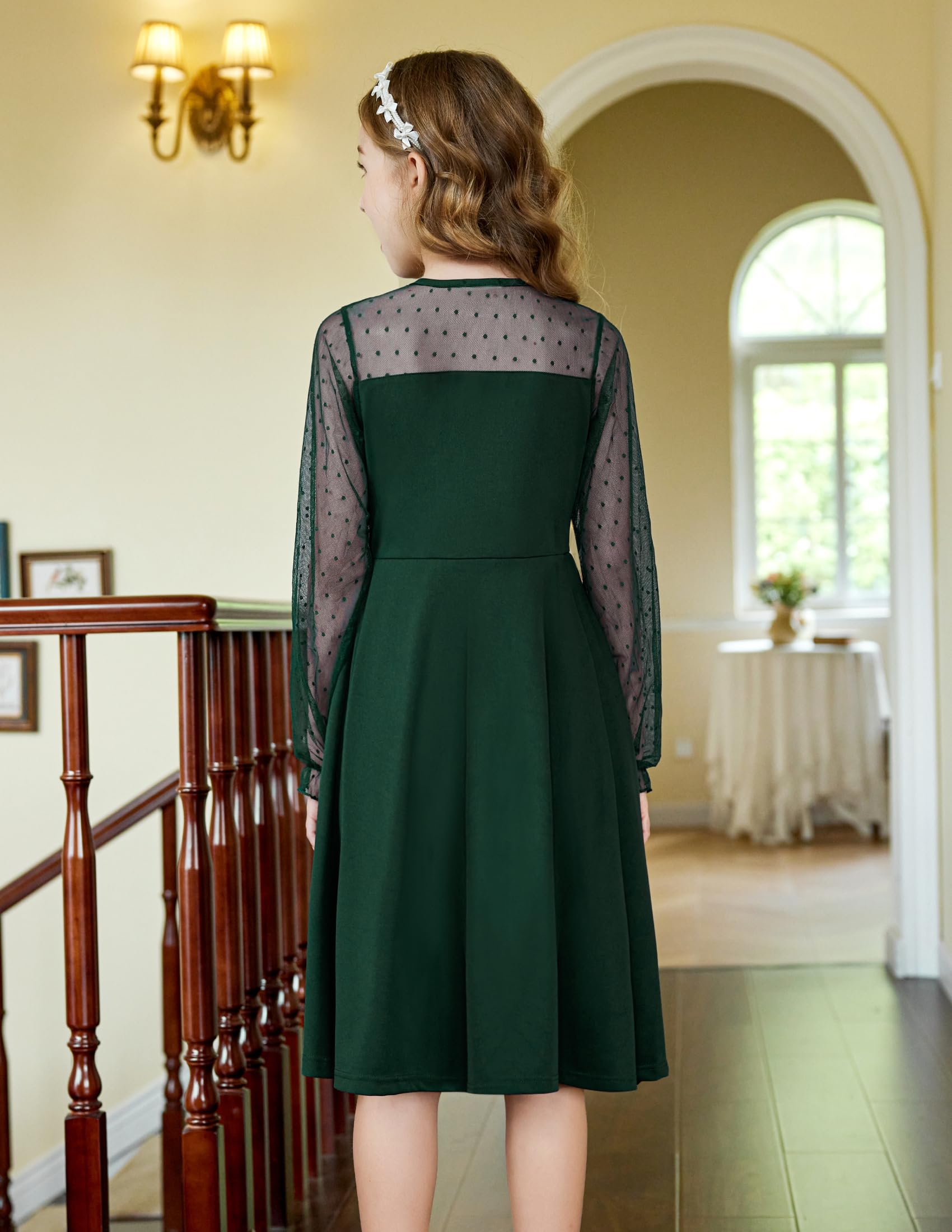 Vestito Aishi per Ragazza – Maniche Lunghe in Mesh, Taglio A-Line e Vita Alta con Tasche