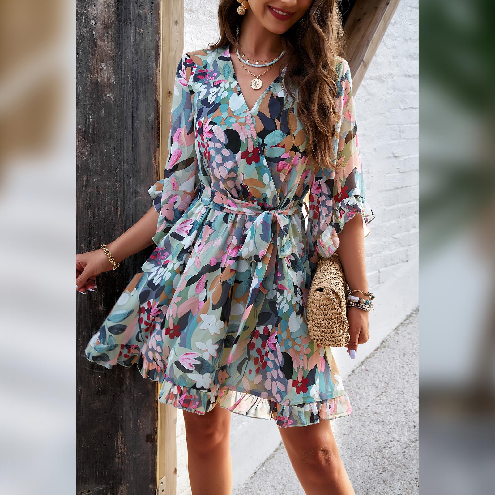Vestaglia Odessa Donna – Incrocio a V Floreale, Maniche a Campana &amp; Mini in Mussola Elegante