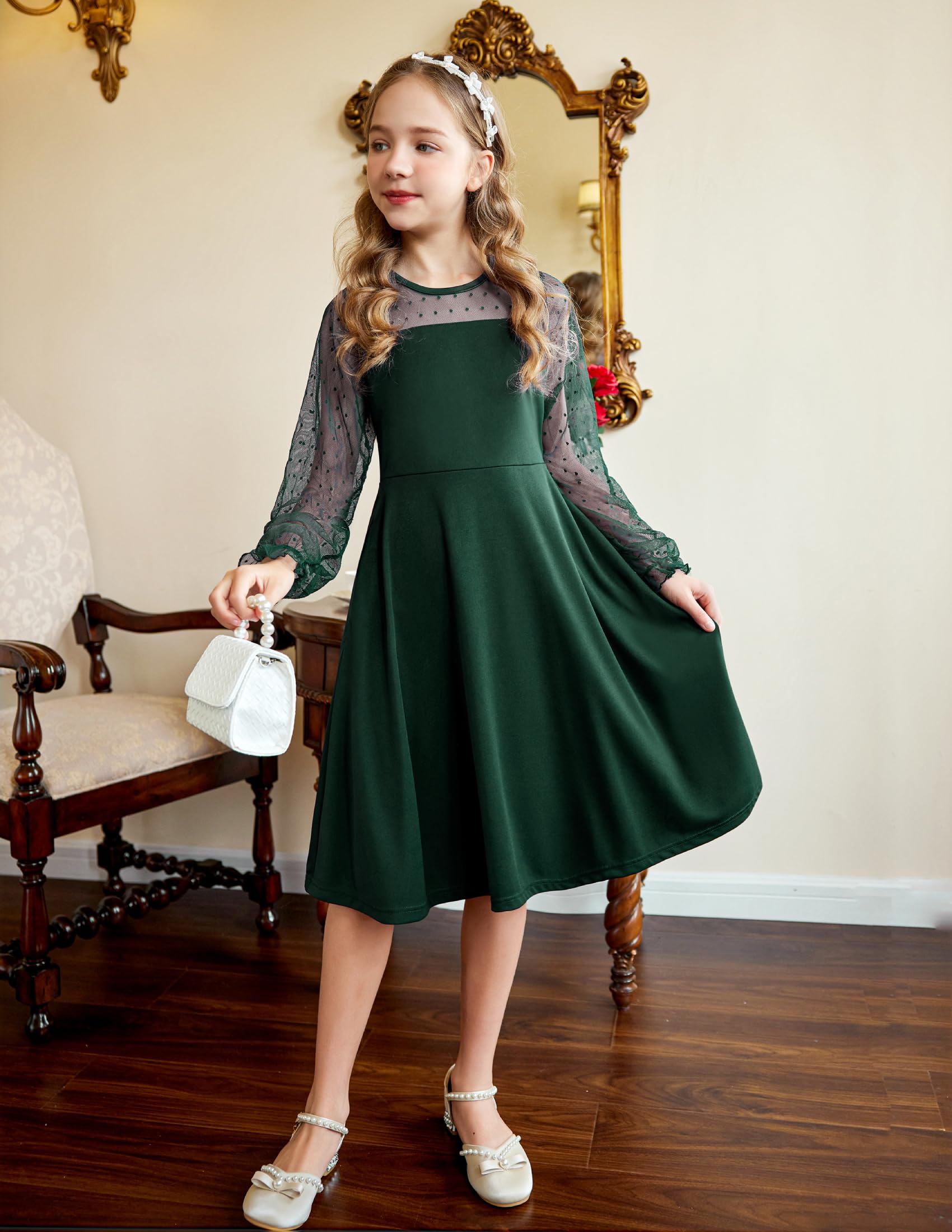 Vestito Aishi per Ragazza – Maniche Lunghe in Mesh, Taglio A-Line e Vita Alta con Tasche