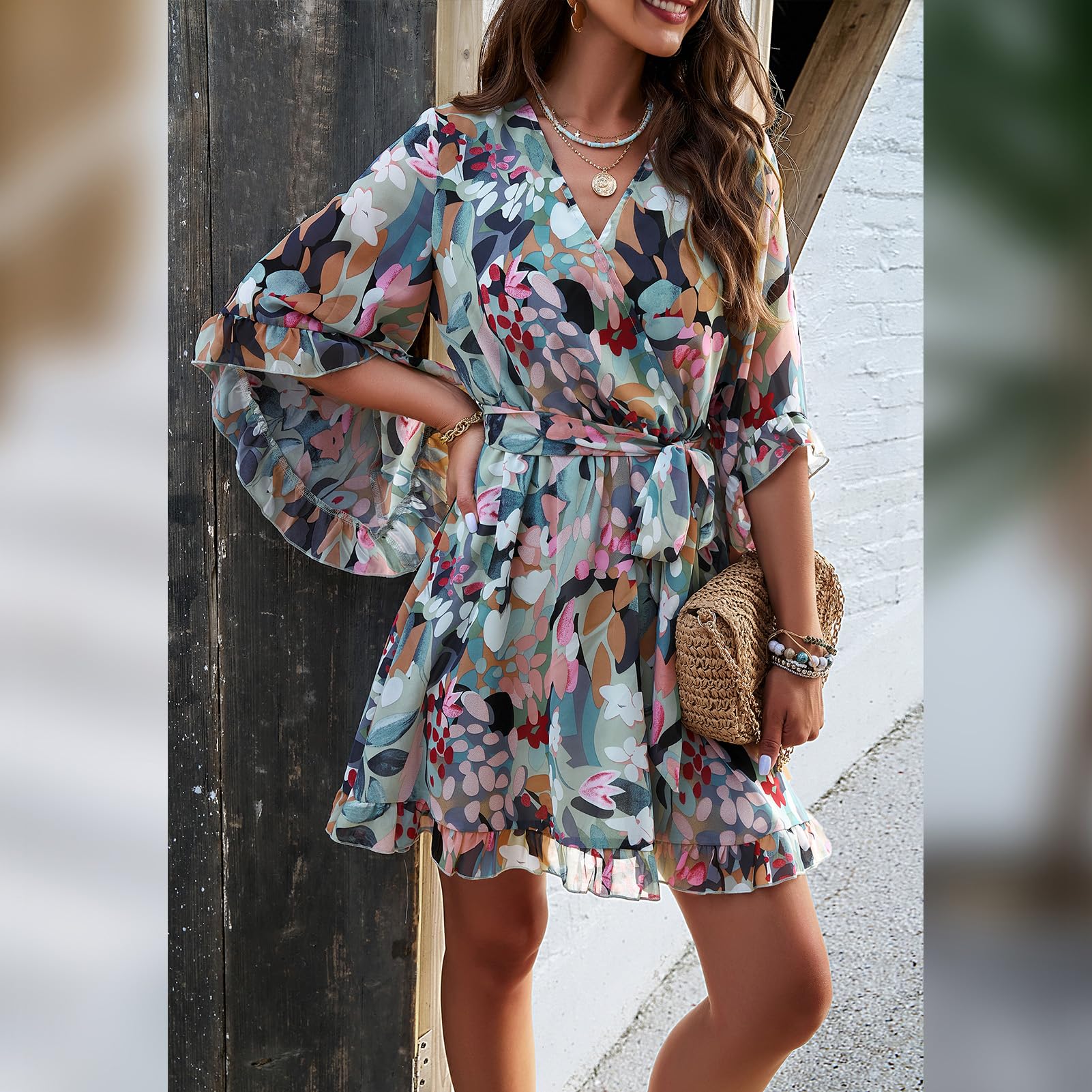 Vestaglia Odessa Donna – Incrocio a V Floreale, Maniche a Campana &amp; Mini in Mussola Elegante