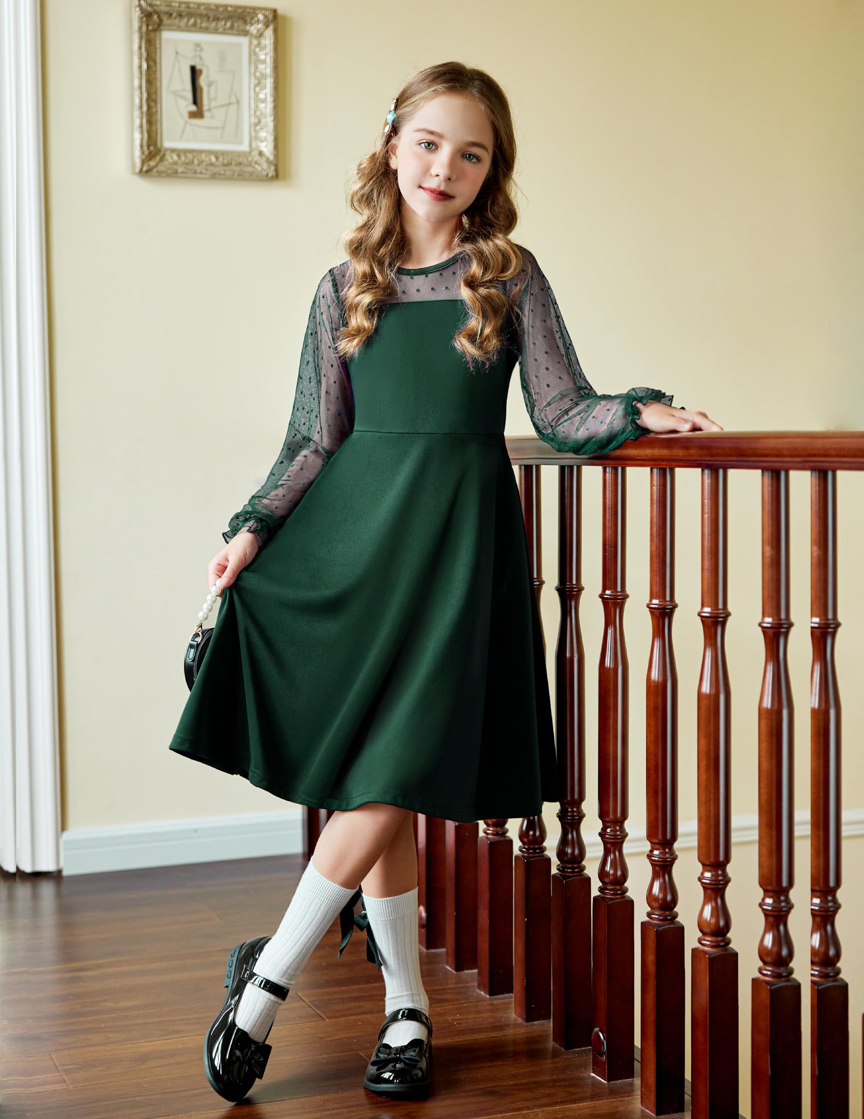 Vestito Aishi per Ragazza – Maniche Lunghe in Mesh, Taglio A-Line e Vita Alta con Tasche