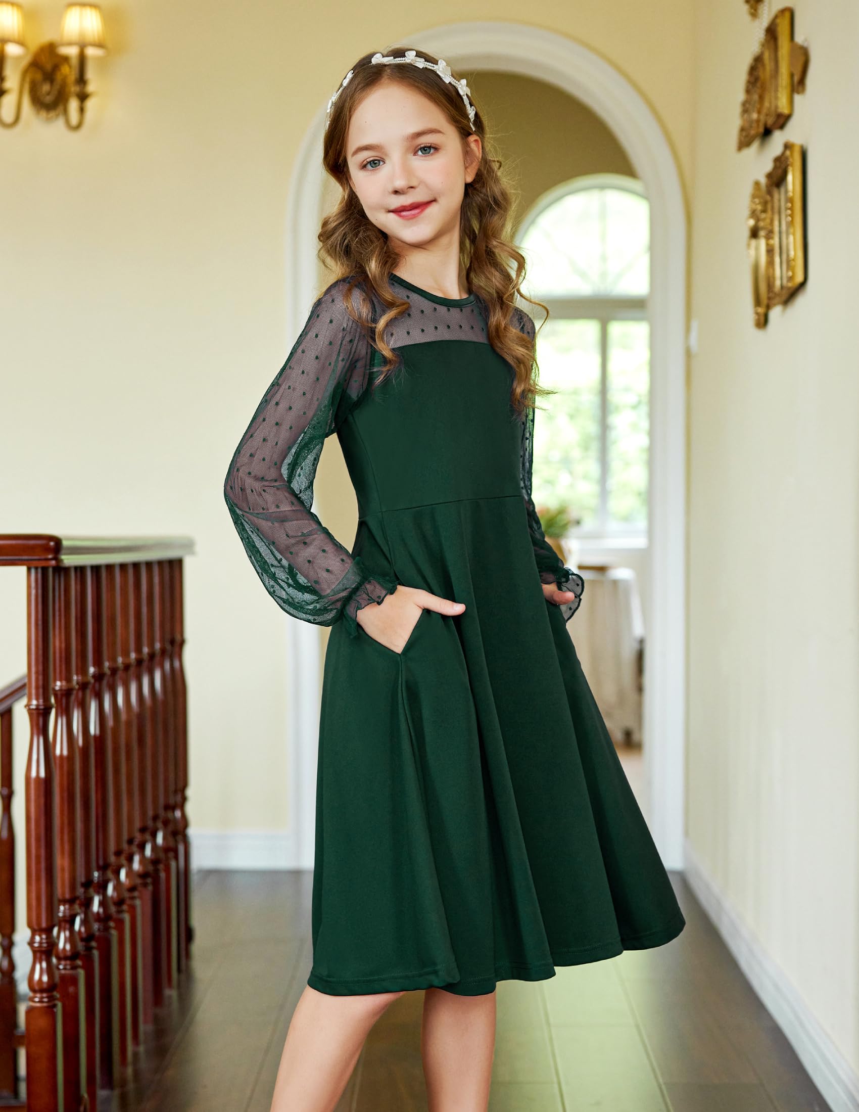 Vestito Aishi per Ragazza – Maniche Lunghe in Mesh, Taglio A-Line e Vita Alta con Tasche