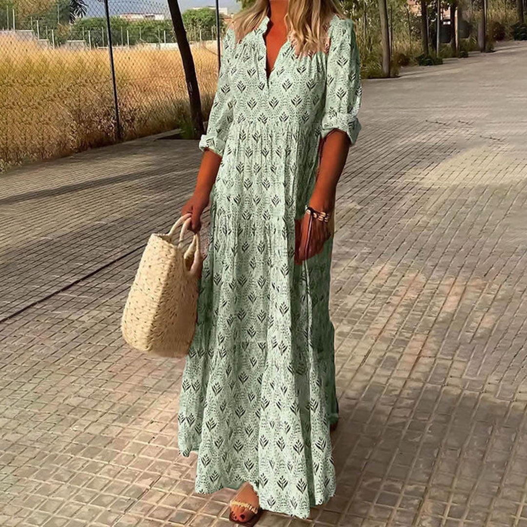 Abito lungo donna in tessuto leggero, scollo a V — vista 4