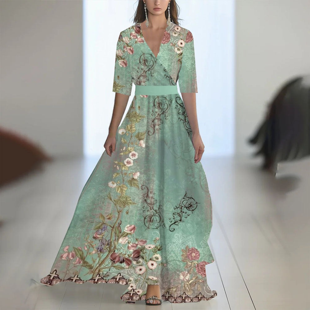 Abito lungo donna in tessuto leggero, scollo a V — vista 11