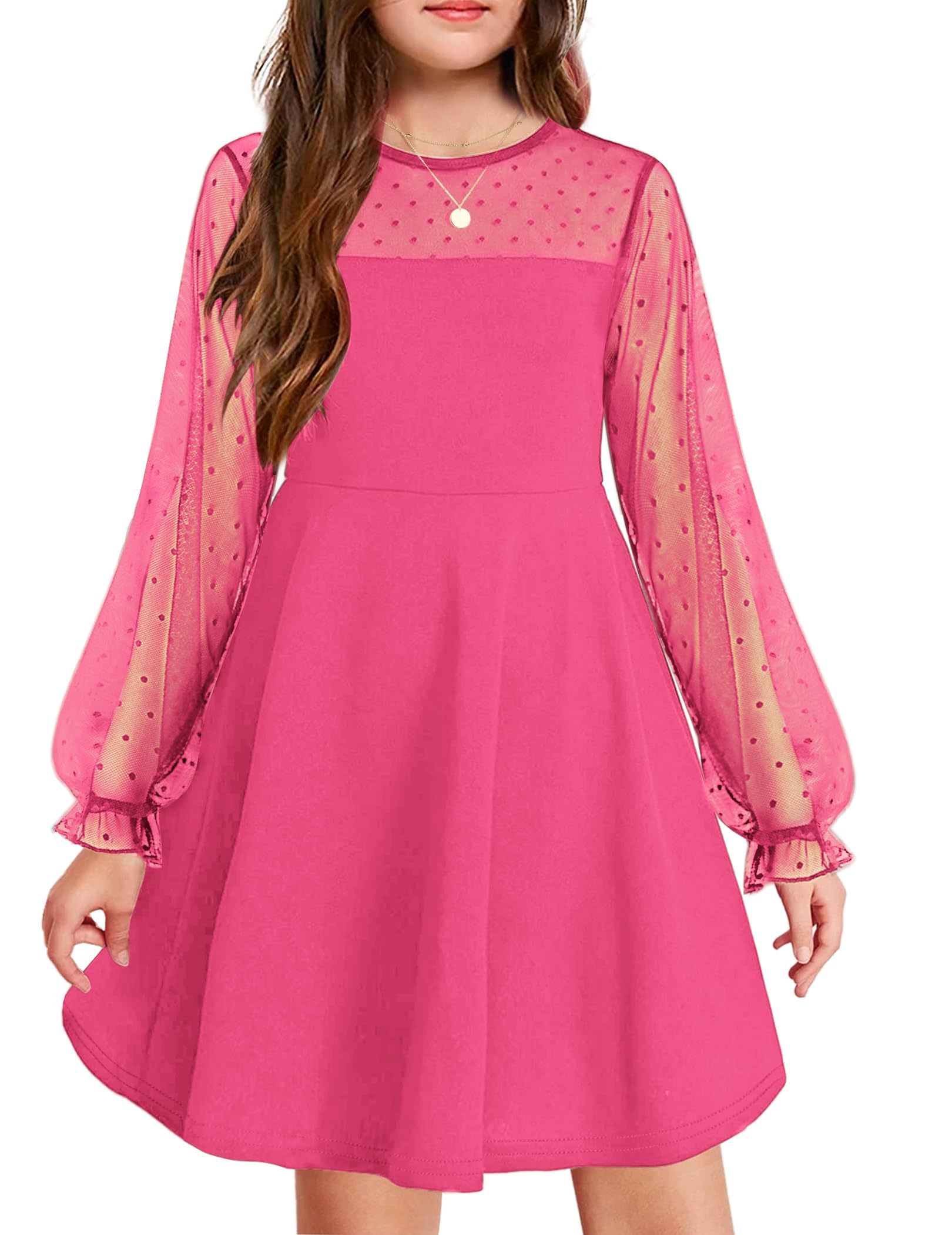 Vestito Aishi per Ragazza – Maniche Lunghe in Mesh, Taglio A-Line e Vita Alta con Tasche