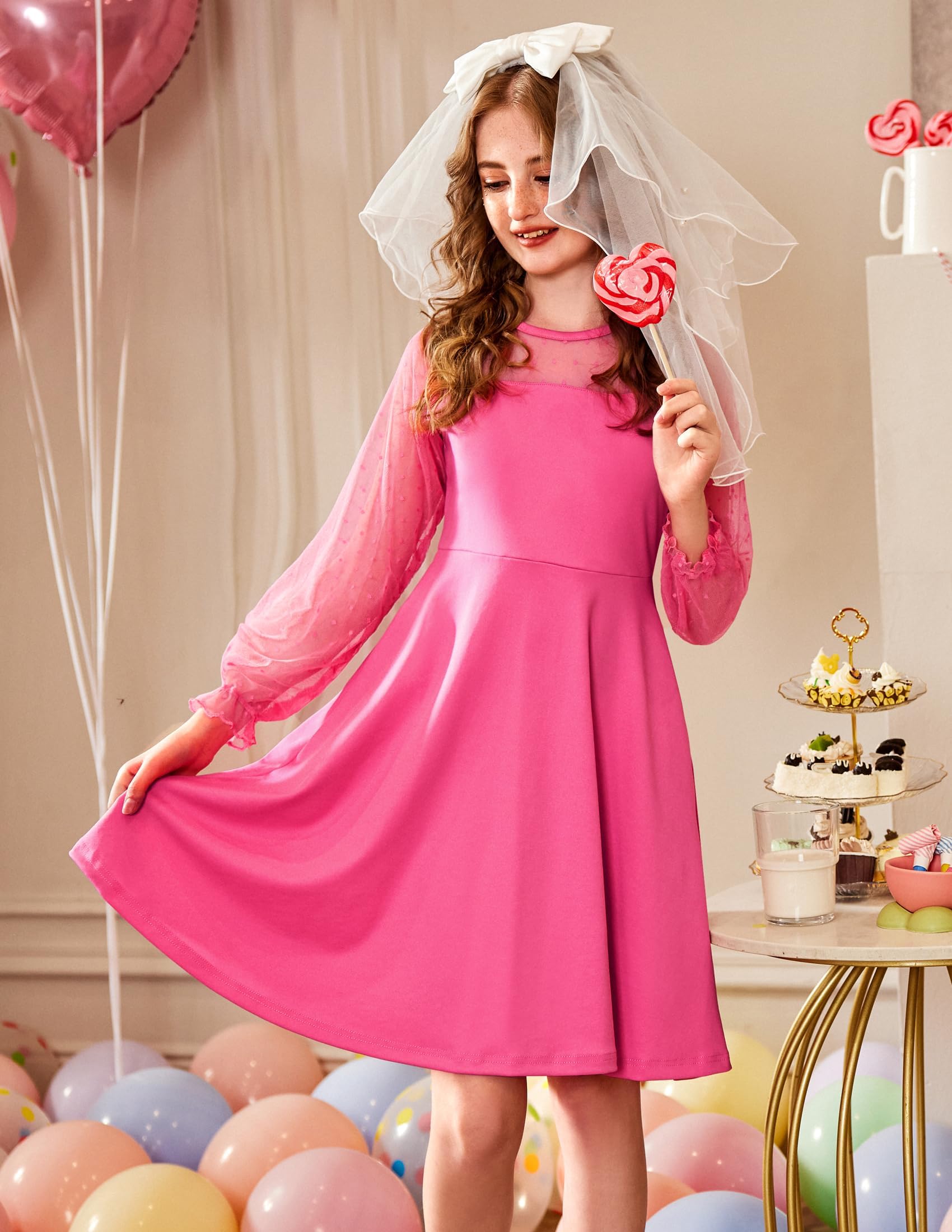 Vestito Aishi per Ragazza – Maniche Lunghe in Mesh, Taglio A-Line e Vita Alta con Tasche