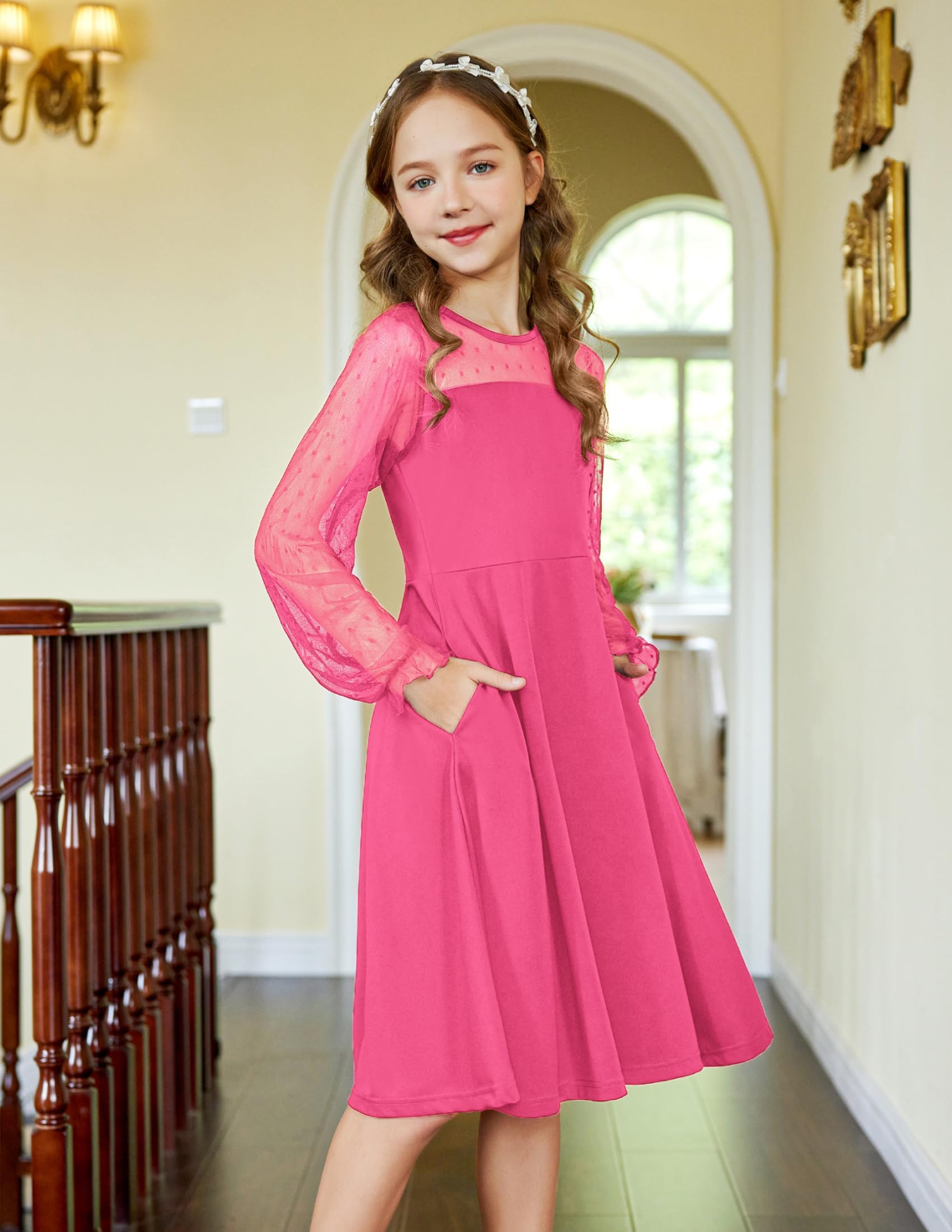 Vestito Aishi per Ragazza – Maniche Lunghe in Mesh, Taglio A-Line e Vita Alta con Tasche
