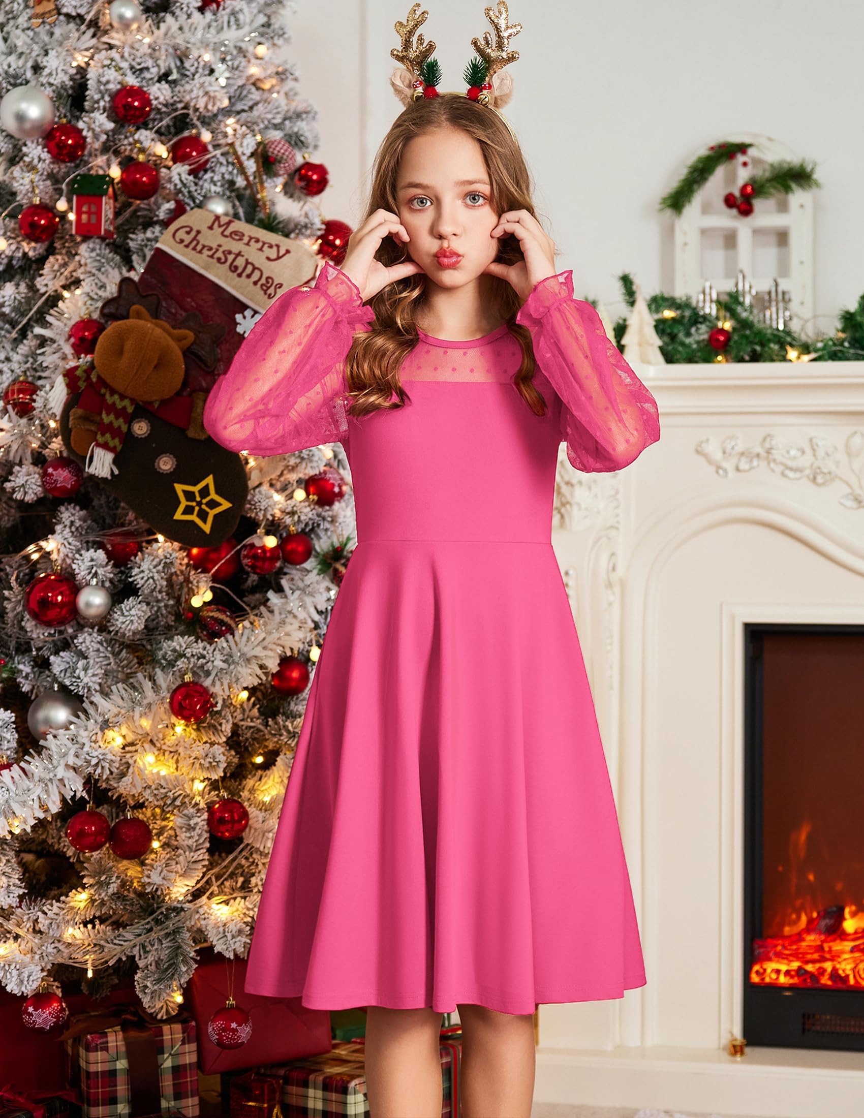 Vestito Aishi per Ragazza – Maniche Lunghe in Mesh, Taglio A-Line e Vita Alta con Tasche